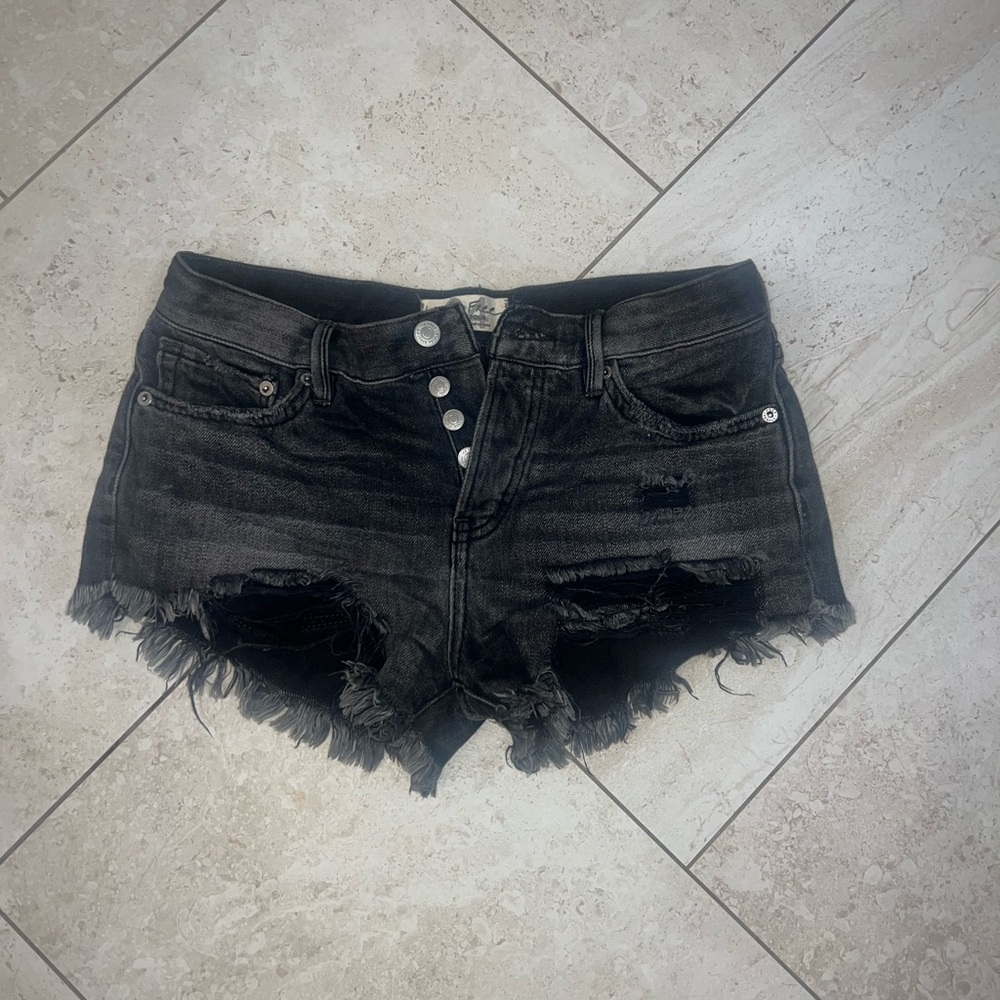 Free people black denim distressed shorts button fly. Worn 3 times